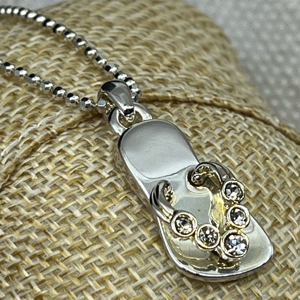 Vintage Sterling Silver Flip-Flop CZ Necklace | Italy 925 | 16” Chain - Picture 9 of 17